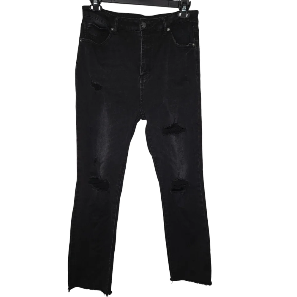 RISEN Womens Black Distressed Straight Leg Crop Ankle Denim Jeans Size 32